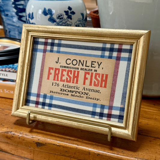 Fresh Fish Old Boston Fishmonger's Tag on Red White Blue Plaid in Gold Frame