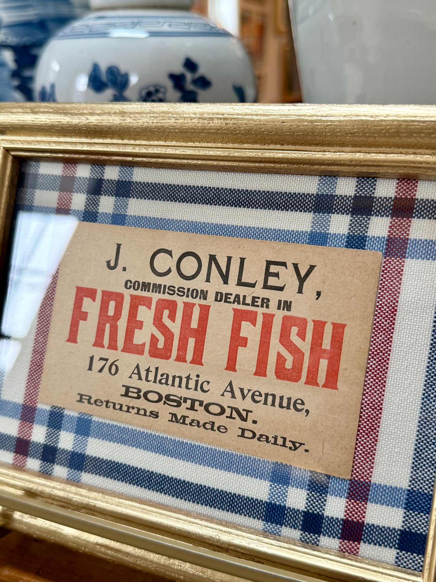 Fresh Fish Old Boston Fishmonger's Tag on Red White Blue Plaid in Gold Frame