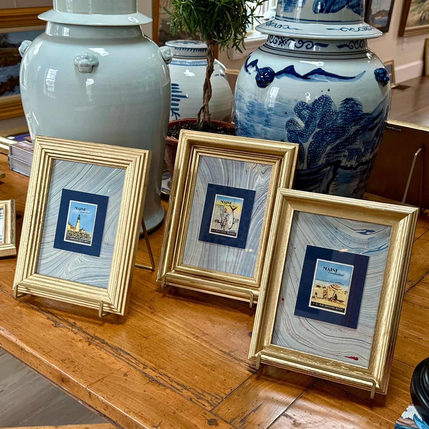 Set of 3 1940 Maine "Vacationland" Stamps on Blue Marbled Mounting in Gold Frames
