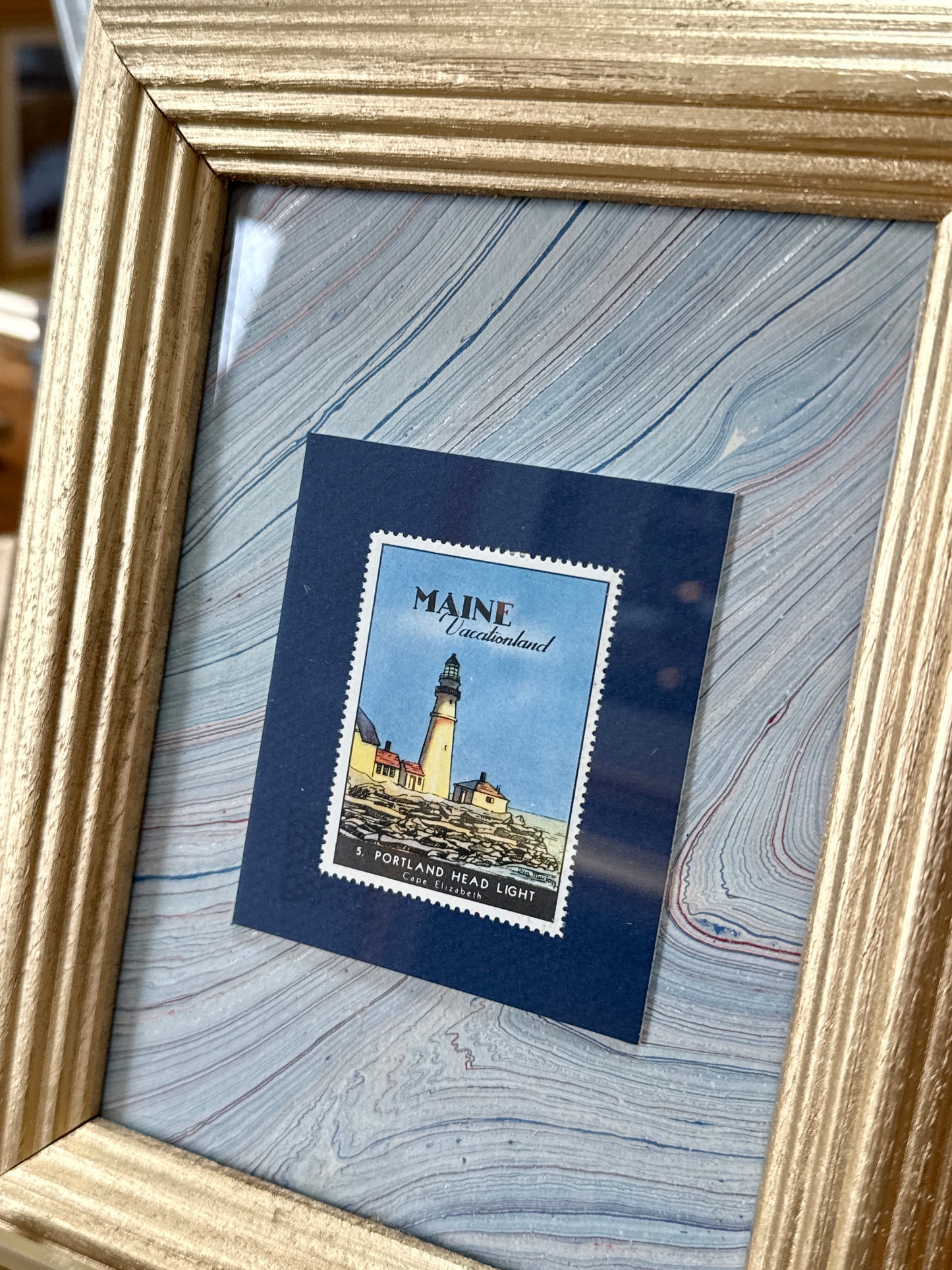Set of 3 1940 Maine "Vacationland" Stamps on Blue Marbled Mounting in Gold Frames