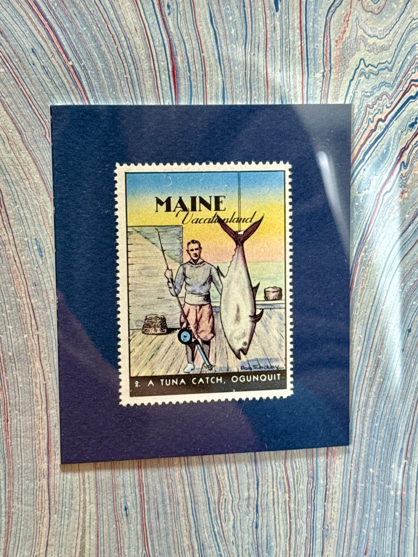 Set of 3 1940 Maine "Vacationland" Stamps on Blue Marbled Mounting in Gold Frames