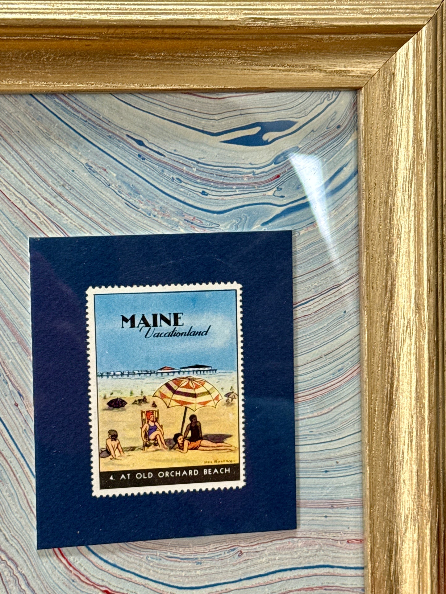 Set of 3 1940 Maine "Vacationland" Stamps on Blue Marbled Mounting in Gold Frames