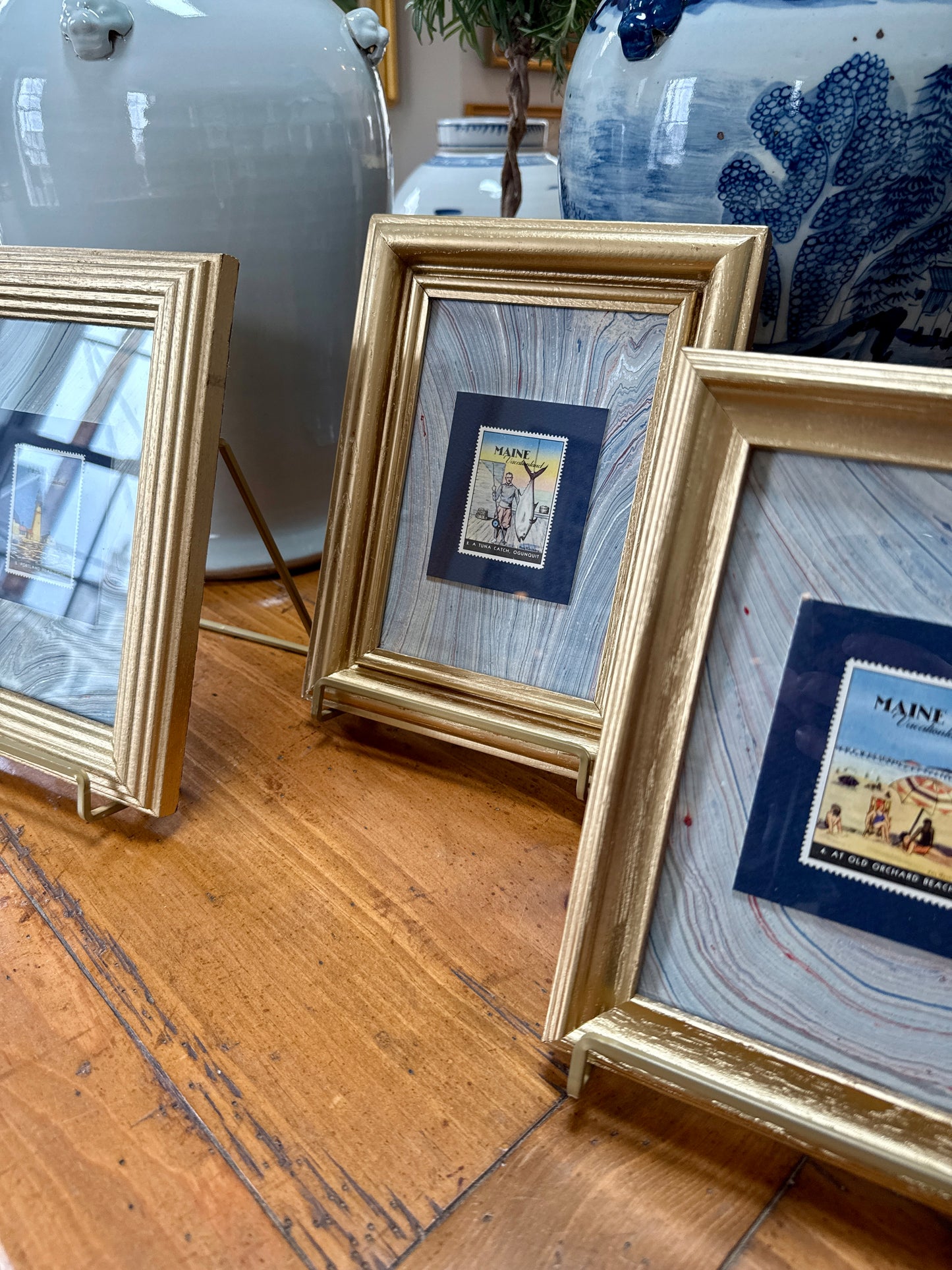 Set of 3 1940 Maine "Vacationland" Stamps on Blue Marbled Mounting in Gold Frames