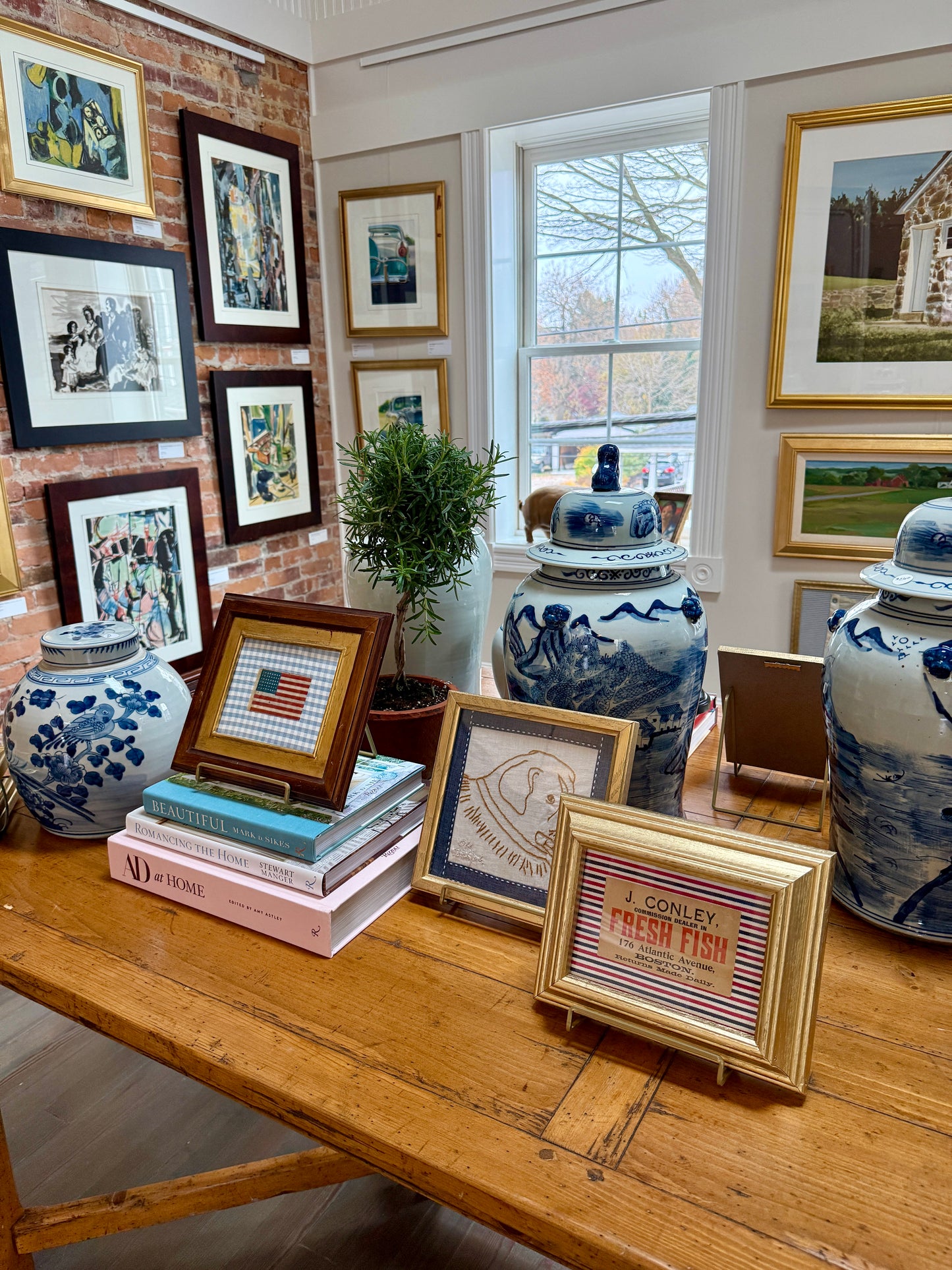 Fresh Fish Old Boston Fishmonger's Tag on Red White Blue Stripes in Gold Frame