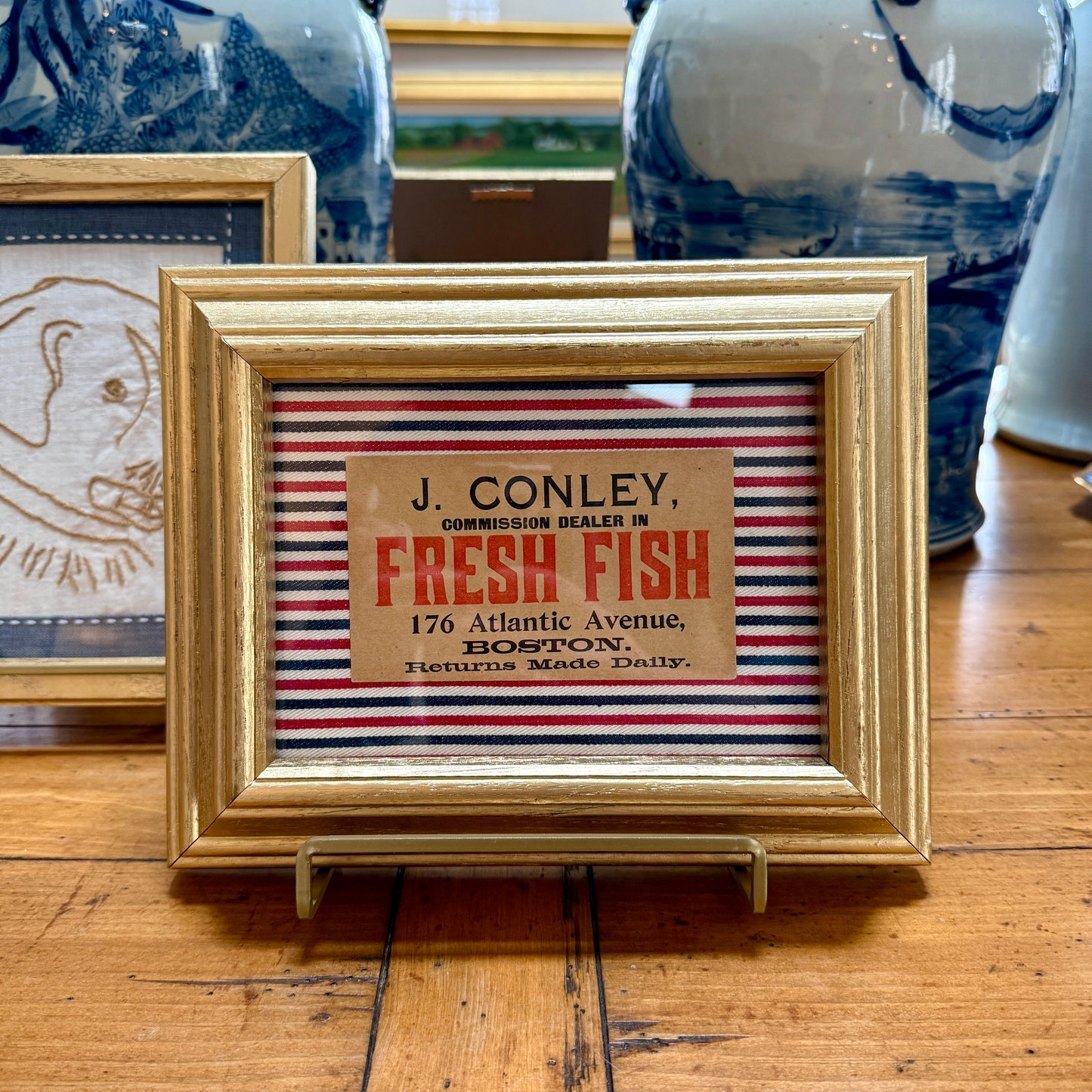 Fresh Fish Old Boston Fishmonger's Tag on Red White Blue Stripes in Gold Frame