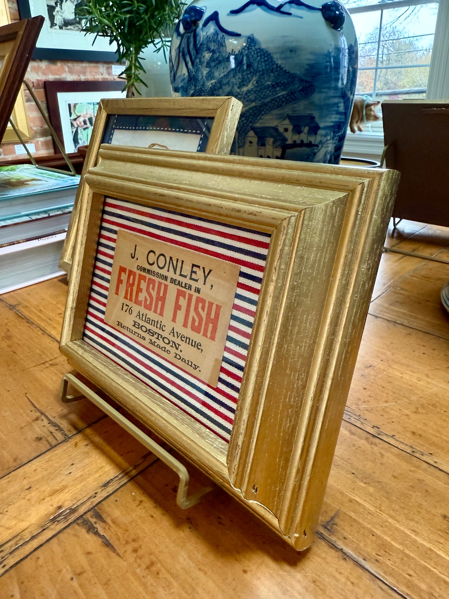 Fresh Fish Old Boston Fishmonger's Tag on Red White Blue Stripes in Gold Frame