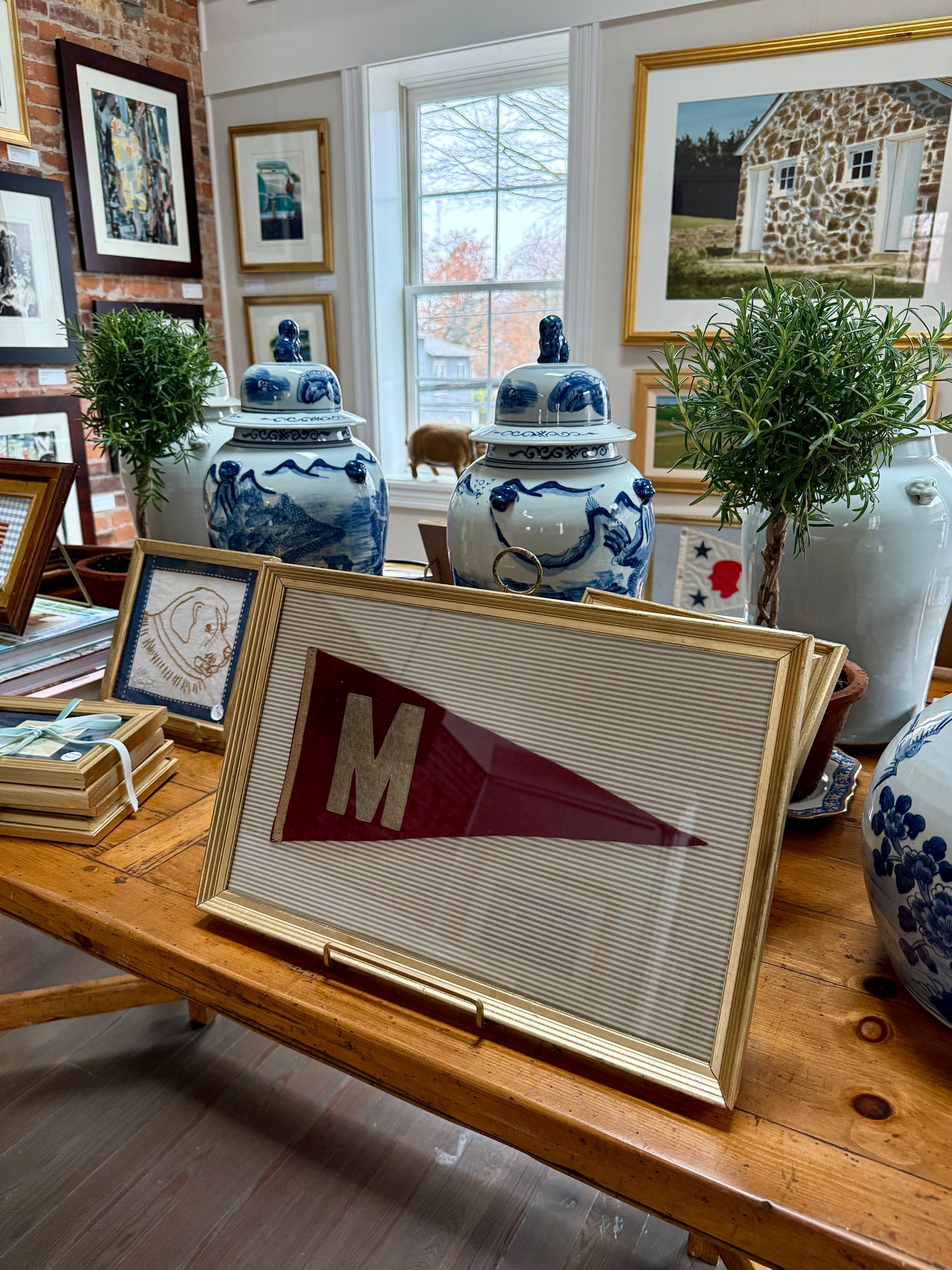 Antique Wool Felt Initial Pennant Flag "M" on Taupe Ticking Stripes in Vintage Gold Frame