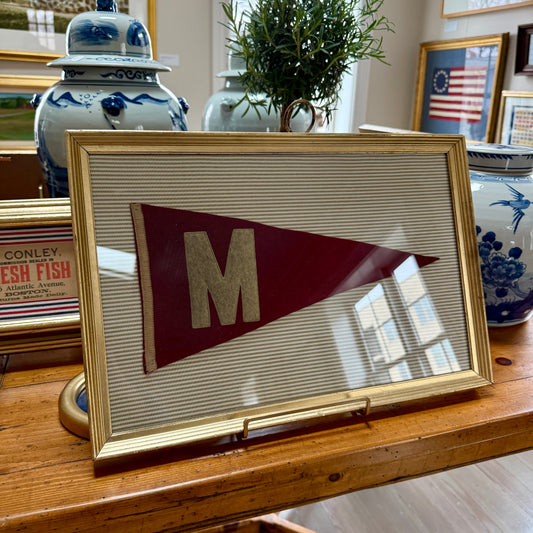 Antique Wool Felt Initial Pennant Flag "M" on Taupe Ticking Stripes in Vintage Gold Frame
