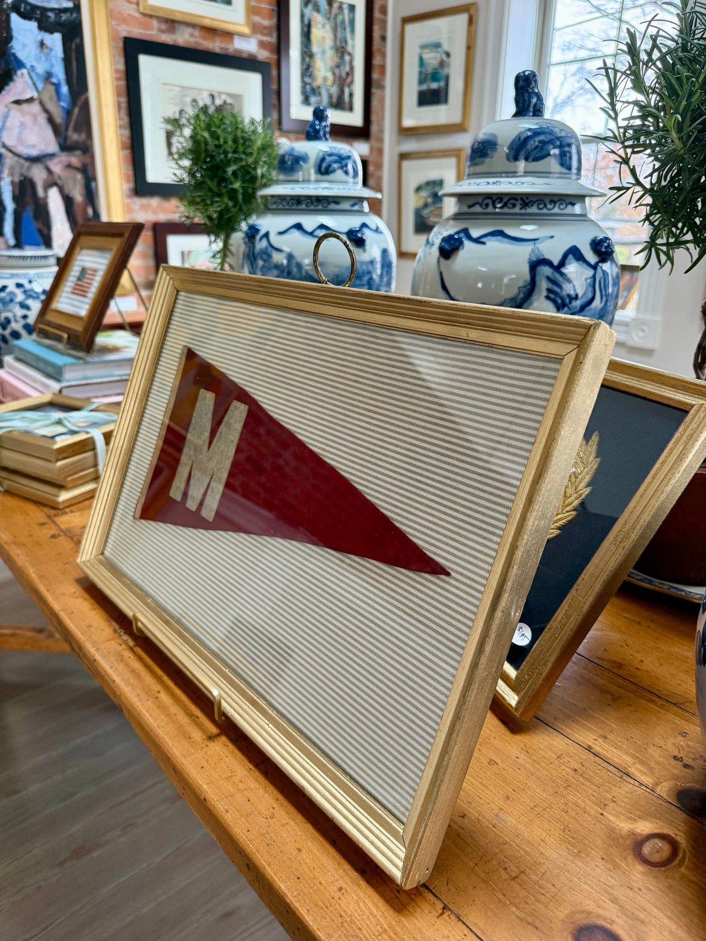 Antique Wool Felt Initial Pennant Flag "M" on Taupe Ticking Stripes in Vintage Gold Frame
