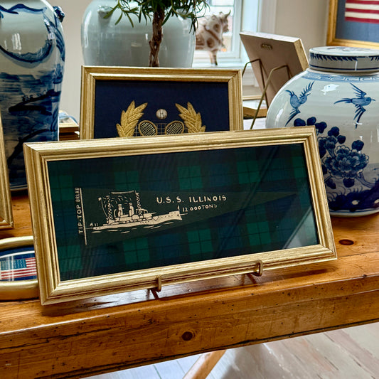 Early 20th Century U.S.S. Illinois Naval Ship Wool Penant on Blackwatch Plaid in Gold Frame