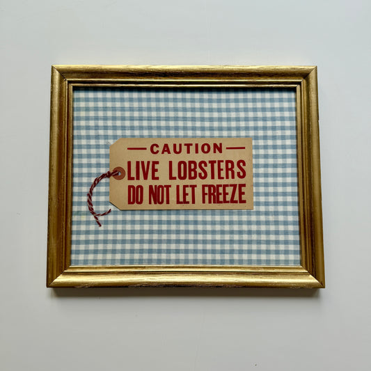 Vintage Maine Live Lobsters Tag on Light Blue Gingham Fabric in Gold Frame