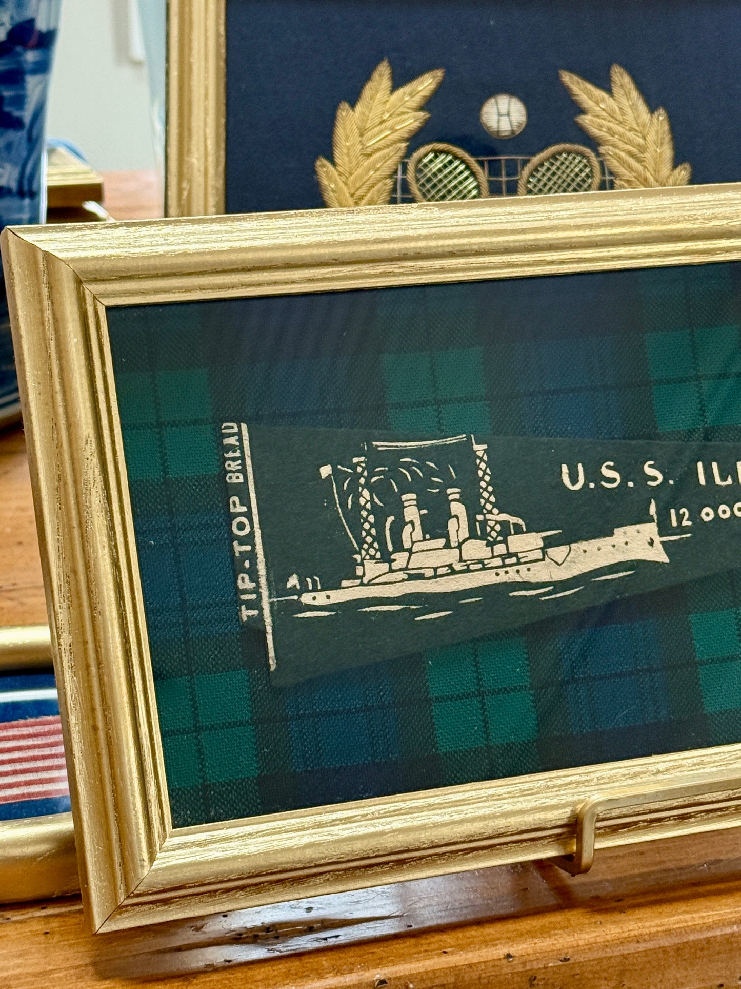 Early 20th Century U.S.S. Illinois Naval Ship Wool Penant on Blackwatch Plaid in Gold Frame