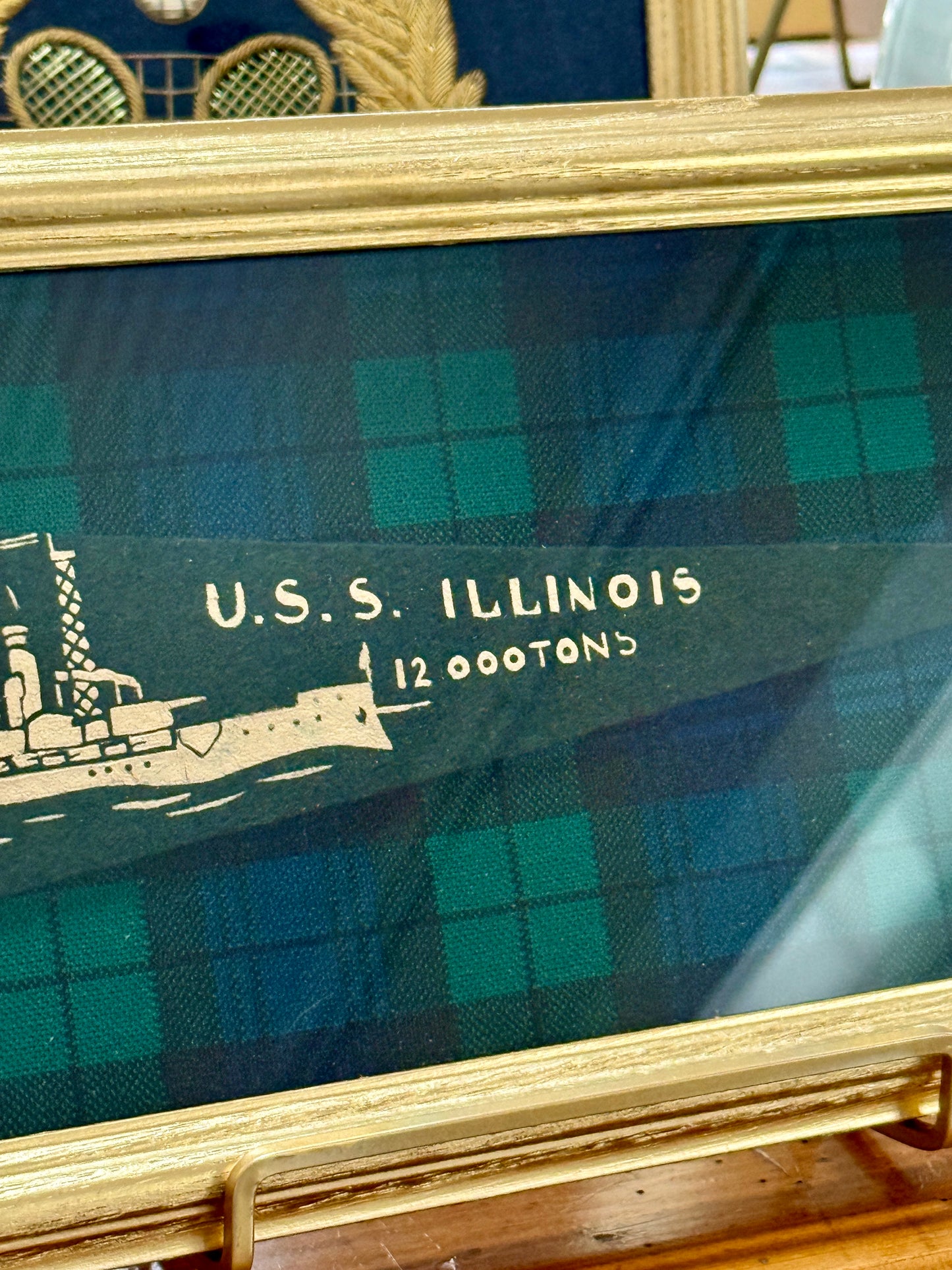 Early 20th Century U.S.S. Illinois Naval Ship Wool Penant on Blackwatch Plaid in Gold Frame