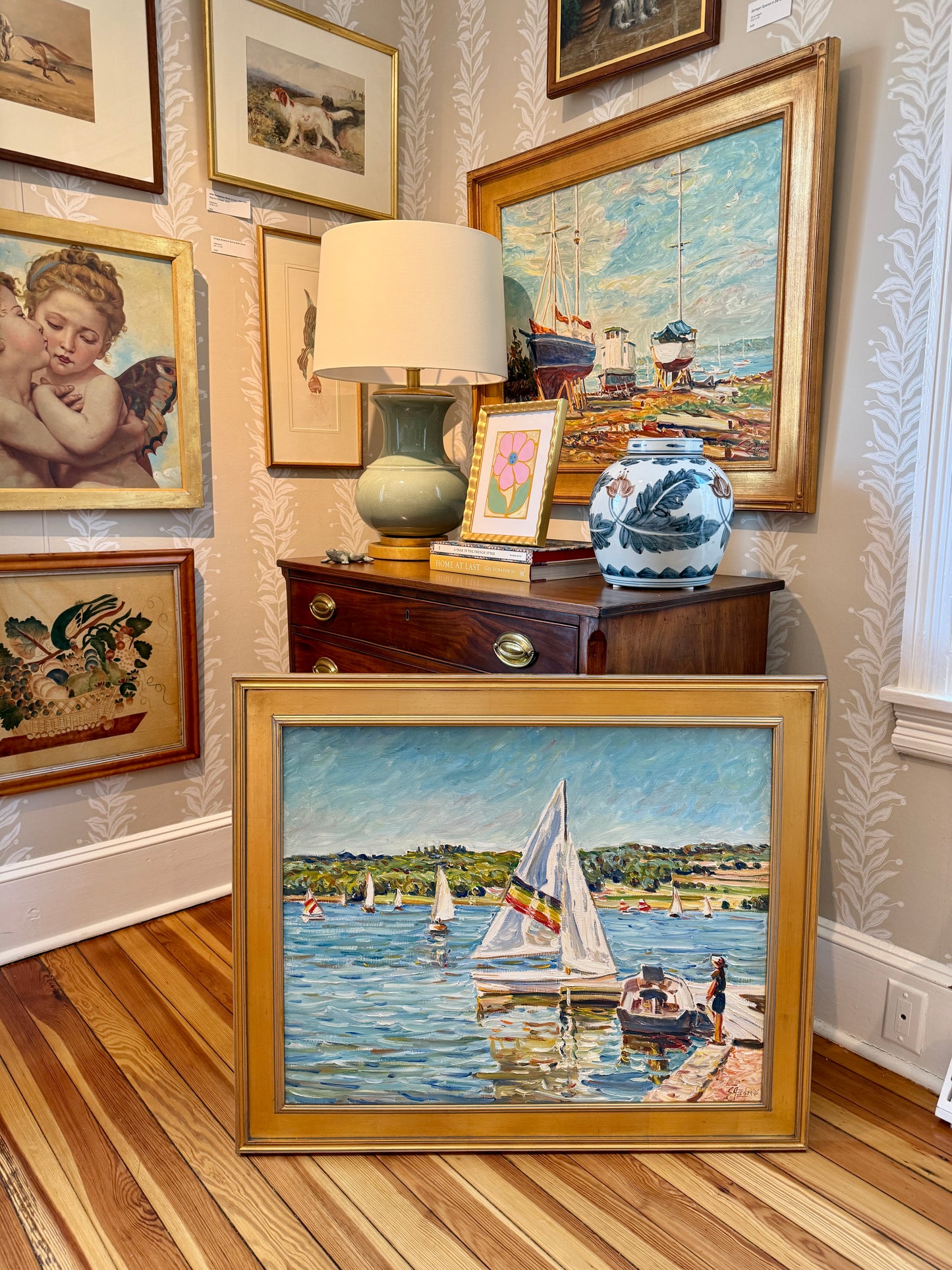 Edmund Jordan Docked Sailboat 1995 Oil Painting Coastal Landscape in Gold Frame