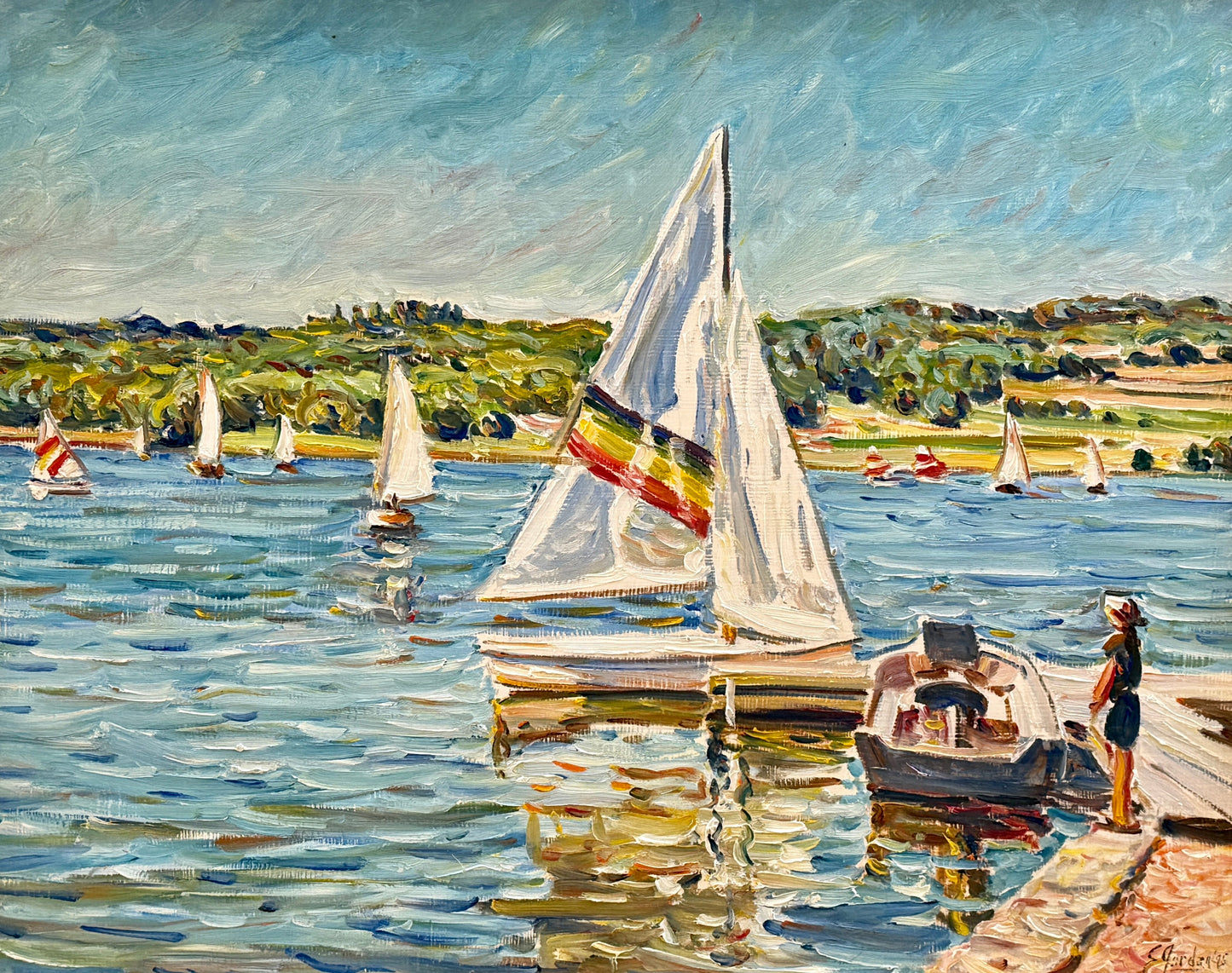 Edmund Jordan Docked Sailboat 1995 Oil Painting Coastal Landscape in Gold Frame