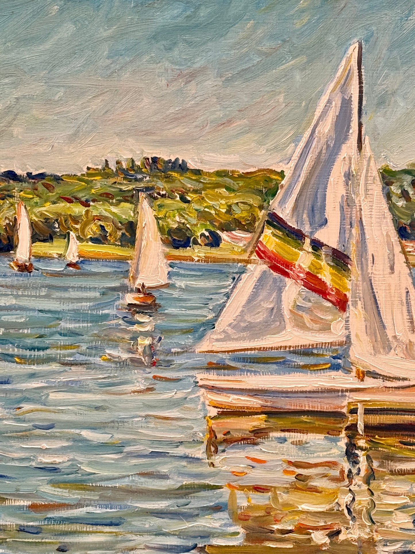 Edmund Jordan Docked Sailboat 1995 Oil Painting Coastal Landscape in Gold Frame