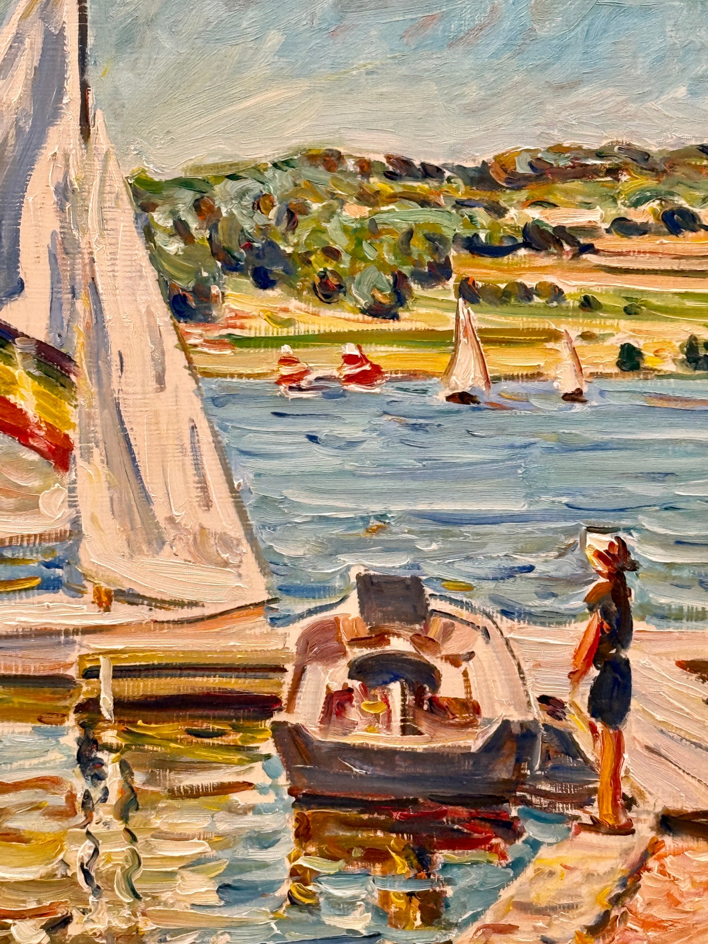 Edmund Jordan Docked Sailboat 1995 Oil Painting Coastal Landscape in Gold Frame