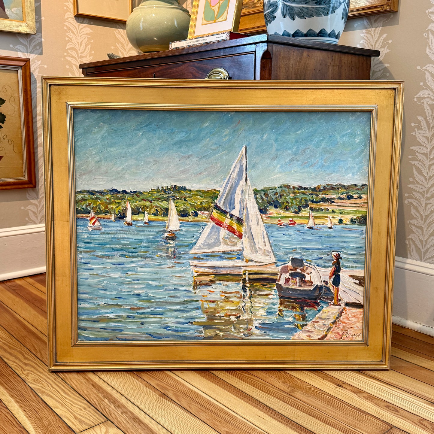 Edmund Jordan Docked Sailboat 1995 Oil Painting Coastal Landscape in Gold Frame