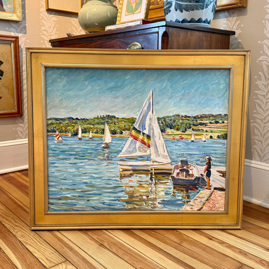 Edmund Jordan Docked Sailboat 1995 Oil Painting Coastal Landscape in Gold Frame