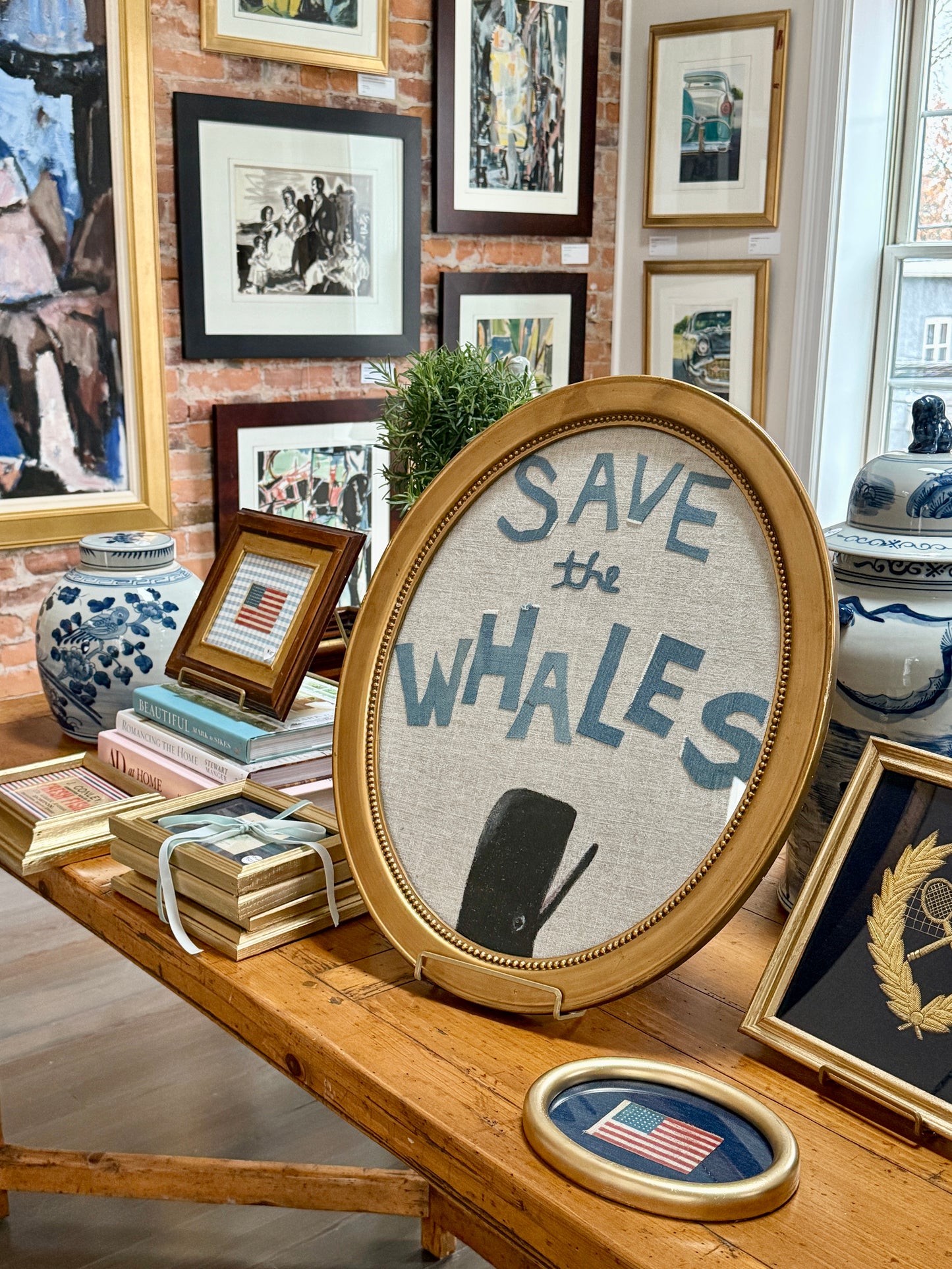 Save the Whales Mixed Media Painting on Linen in Oval Gold Frame