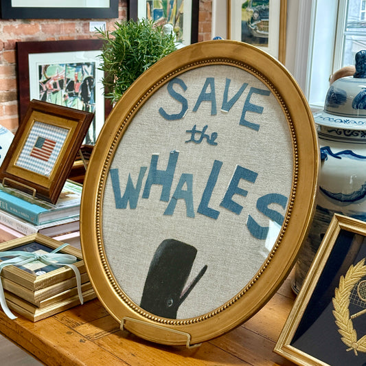 Save the Whales Mixed Media Painting on Linen in Oval Gold Frame