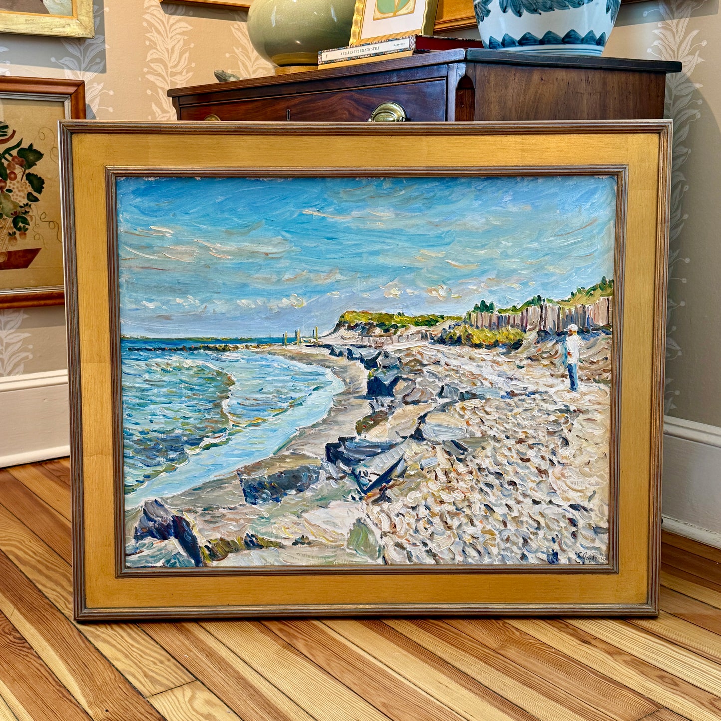 Edmund Jordan East Coast Beach Walker Seascape Oil Painting in Gold Frame
