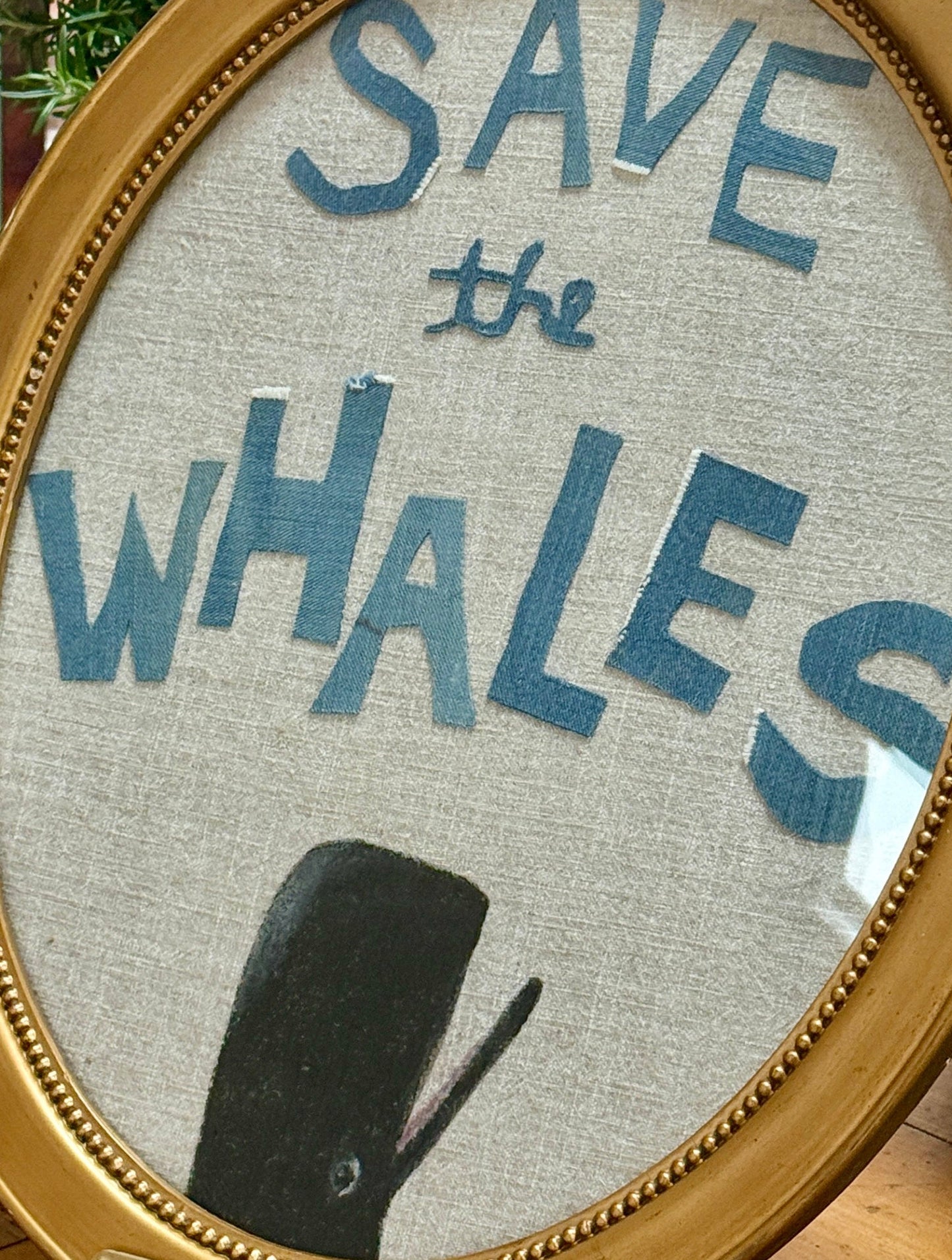 Save the Whales Mixed Media Painting on Linen in Oval Gold Frame