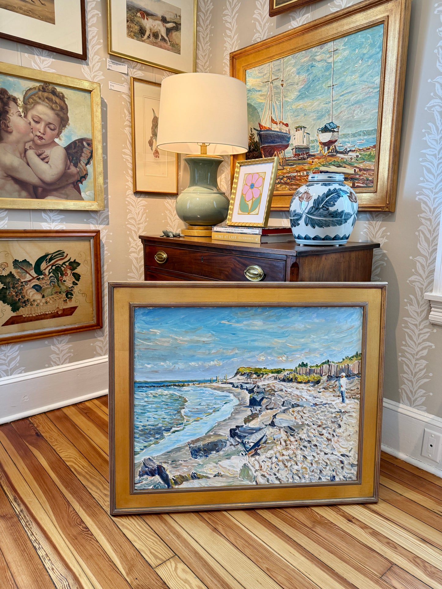 Edmund Jordan East Coast Beach Walker Seascape Oil Painting in Gold Frame