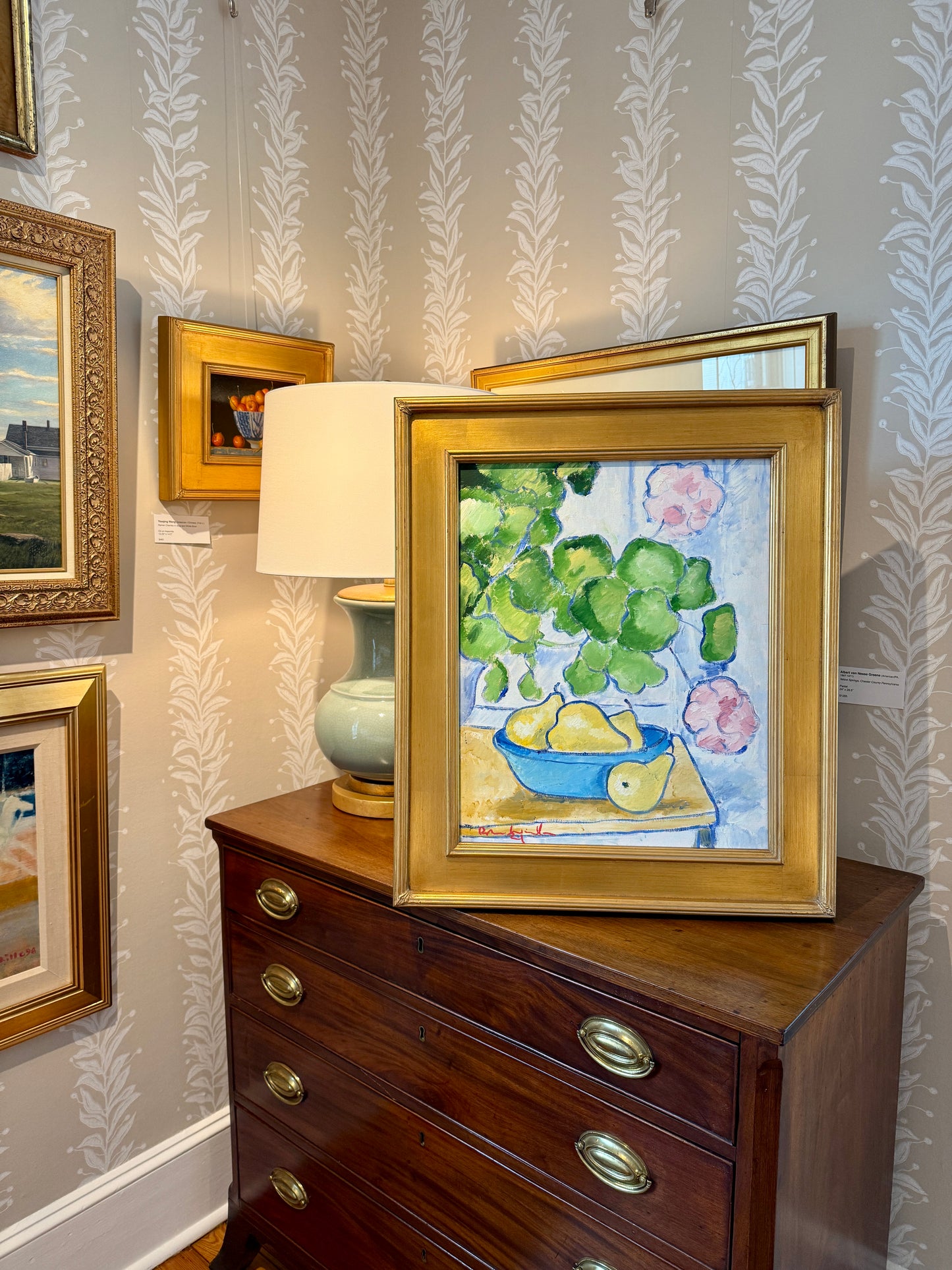 Brian William Pink Geraniums and Pears Still Life Oil Painting in Gold Frame