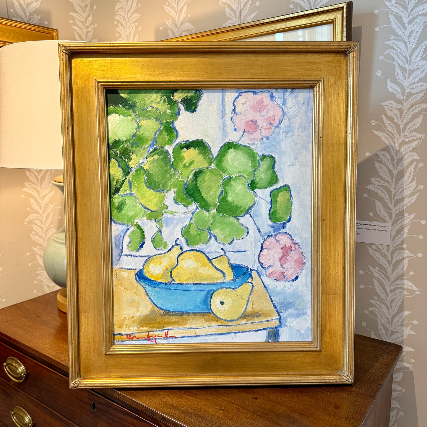 Brian William Pink Geraniums and Pears Still Life Oil Painting in Gold Frame
