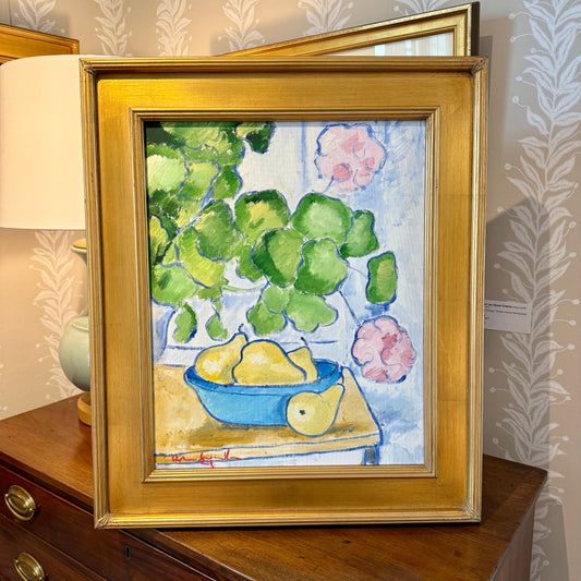 Brian William Pink Geraniums and Pears Still Life Oil Painting in Gold Frame