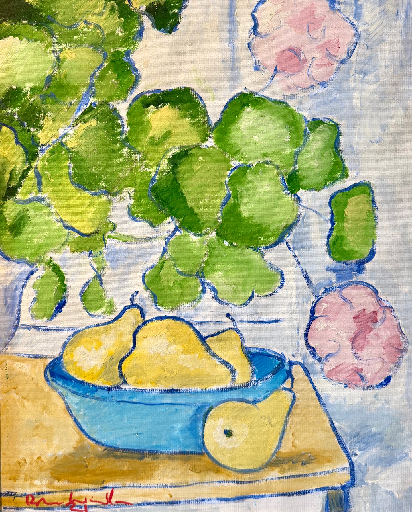 Brian William Pink Geraniums and Pears Still Life Oil Painting in Gold Frame