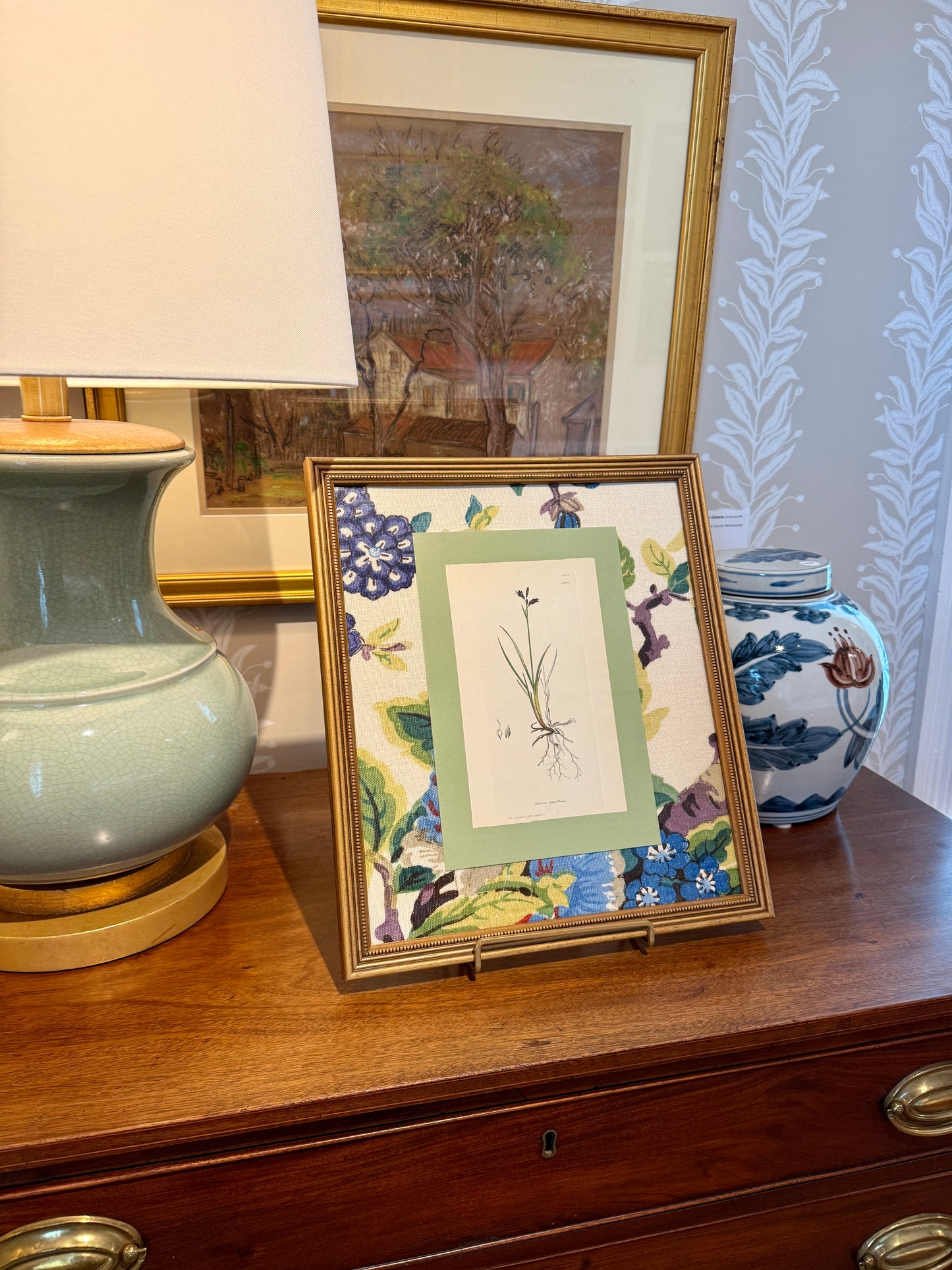 19th c. Botanical #3 in Lee Jofa Tara Floral Matting and Gold Frame
