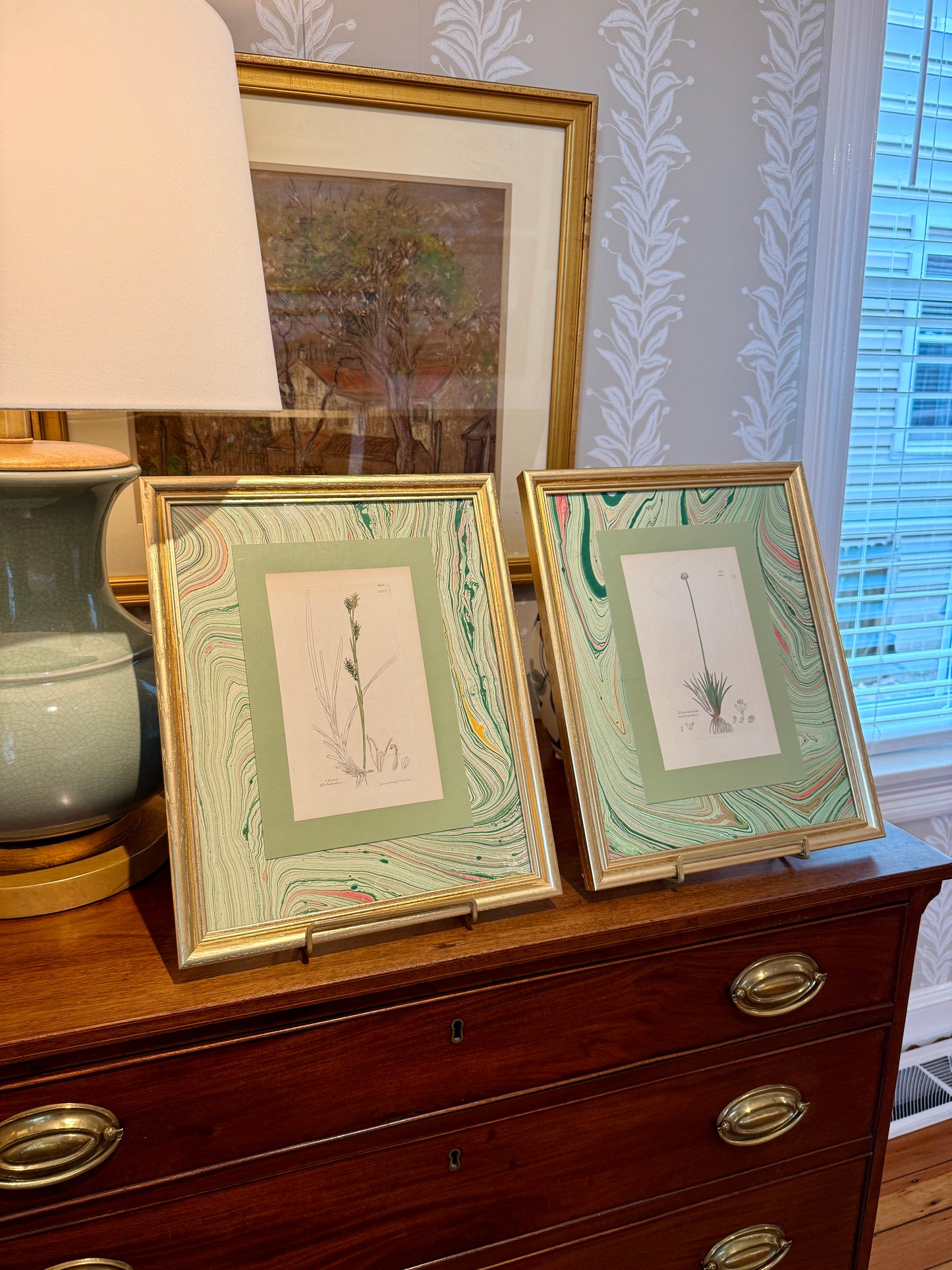 19th c. Botanical Bookplate #2 in Green Marbled Matting and Gold Frame