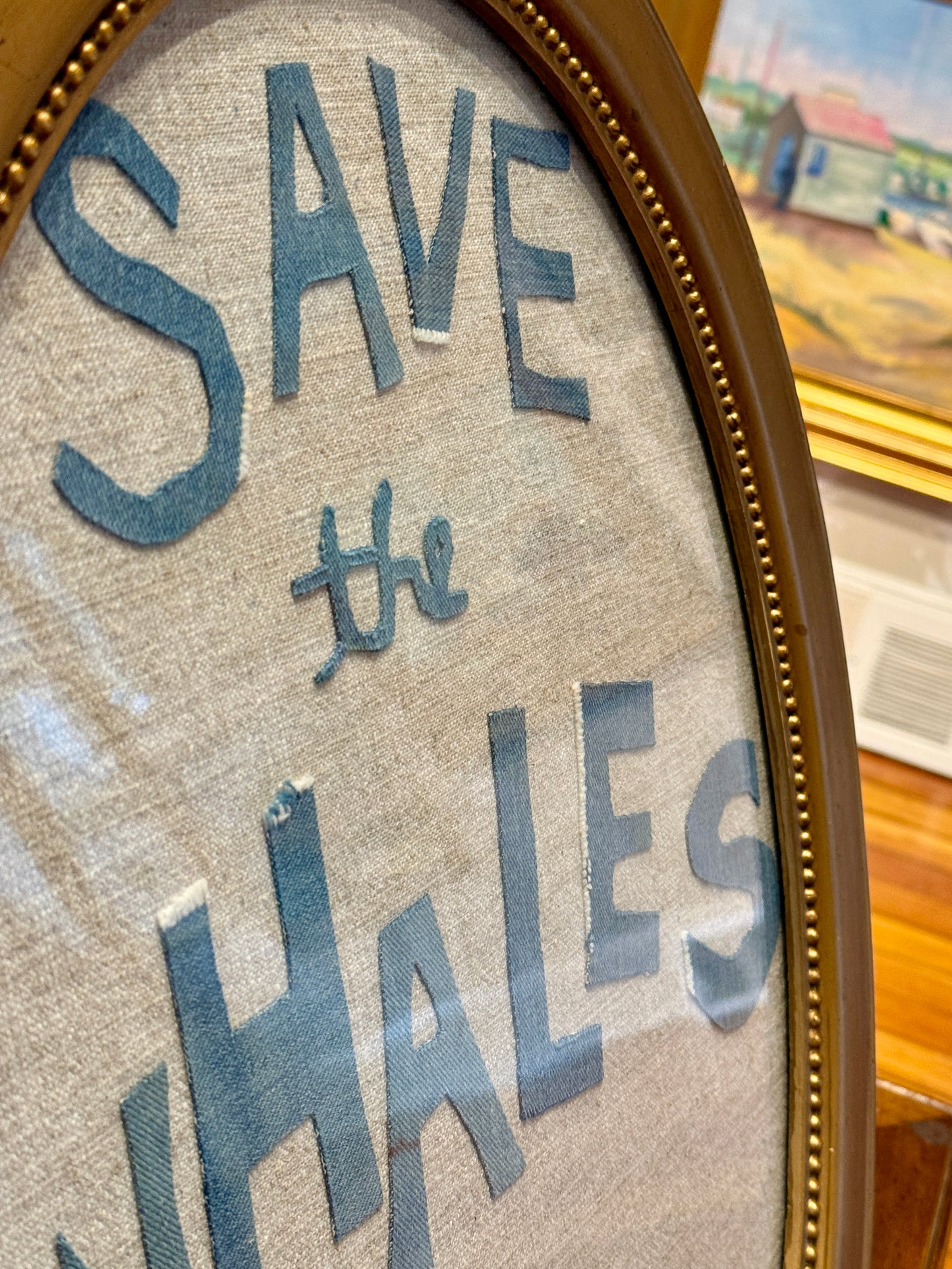 Save the Whales Mixed Media Painting on Linen in Oval Gold Frame
