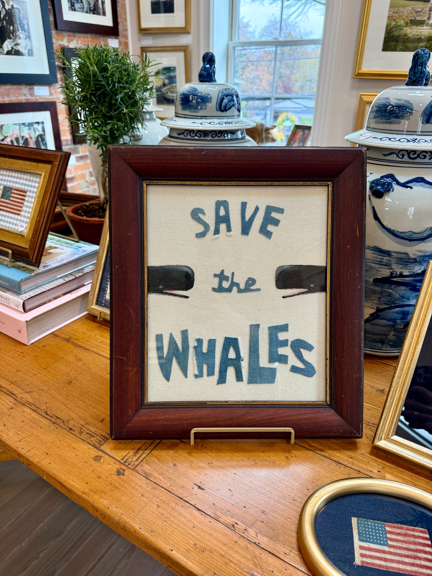 Save the Whales Mixed Media Painting on Linen in Antique Wood Frame