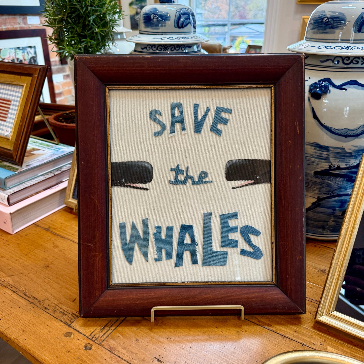 Save the Whales Mixed Media Painting on Linen in Antique Wood Frame