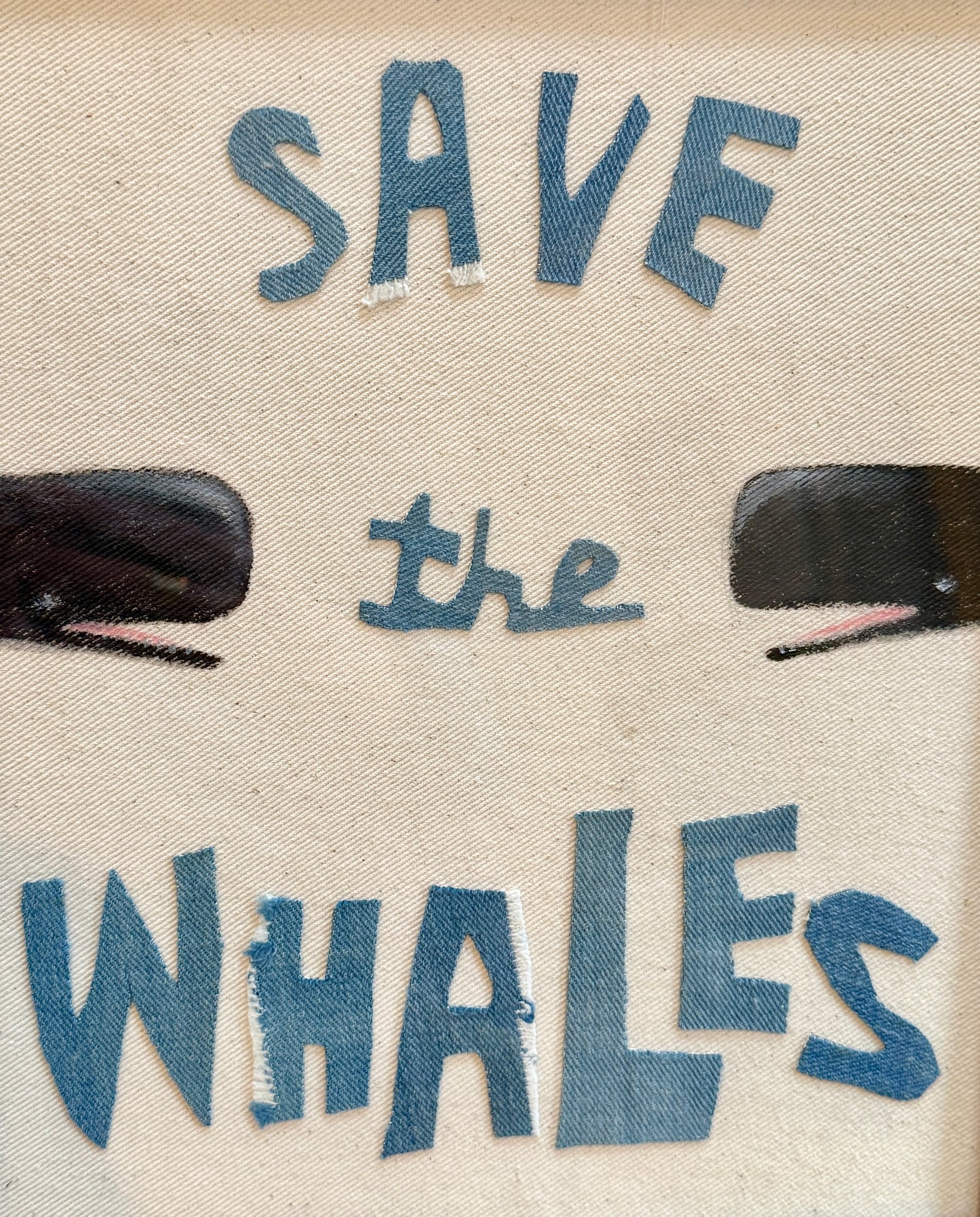 Save the Whales Mixed Media Painting on Linen in Antique Wood Frame