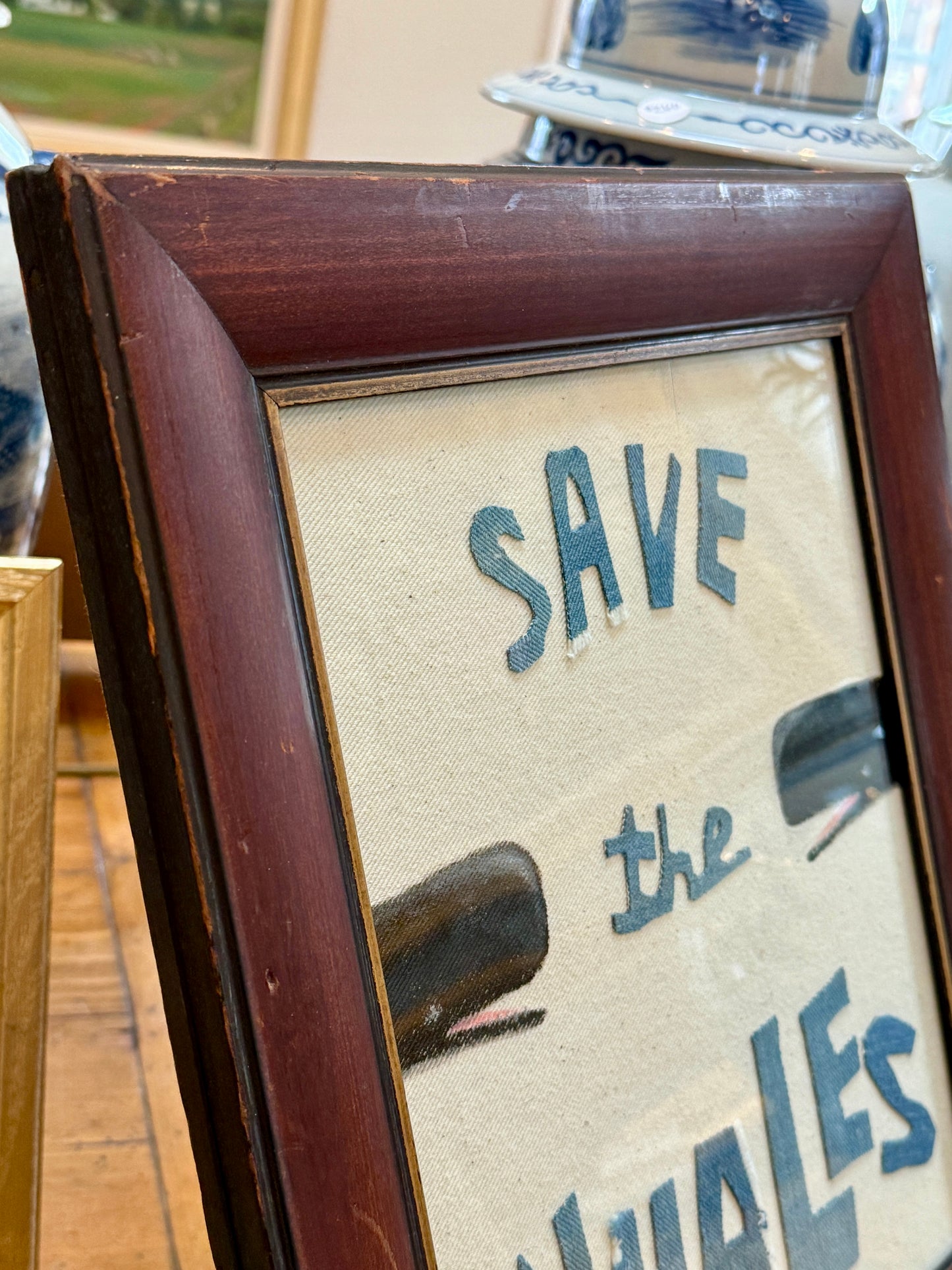 Save the Whales Mixed Media Painting on Linen in Antique Wood Frame