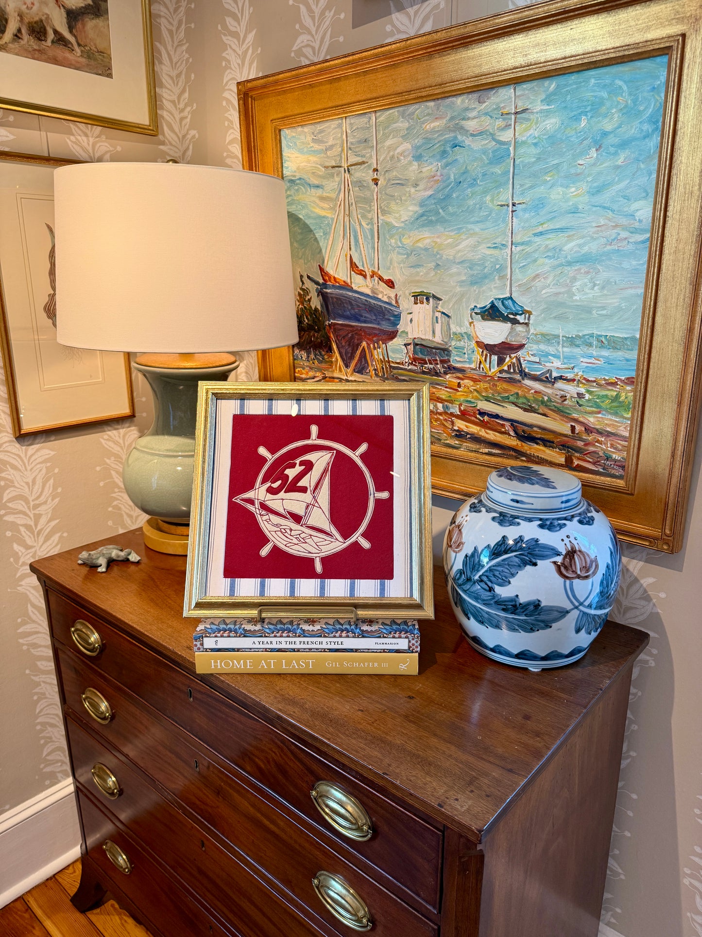 1952 Sailing Team Red Wool Felt Pennant on Blue Stripes in Gold Frame