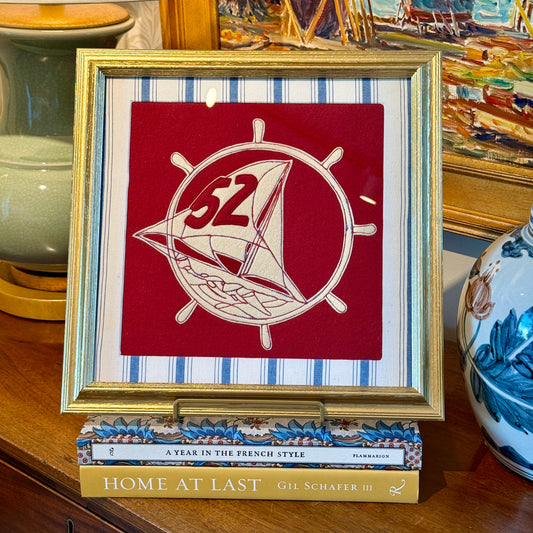 1952 Sailing Team Red Wool Felt Pennant on Blue Stripes in Gold Frame