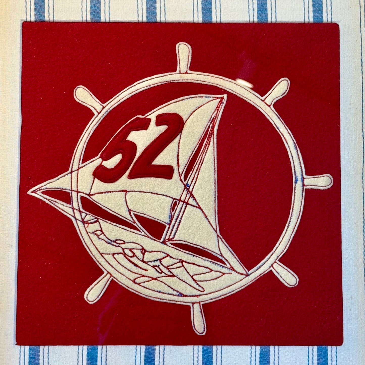 1952 Sailing Team Red Wool Felt Pennant on Blue Stripes in Gold Frame