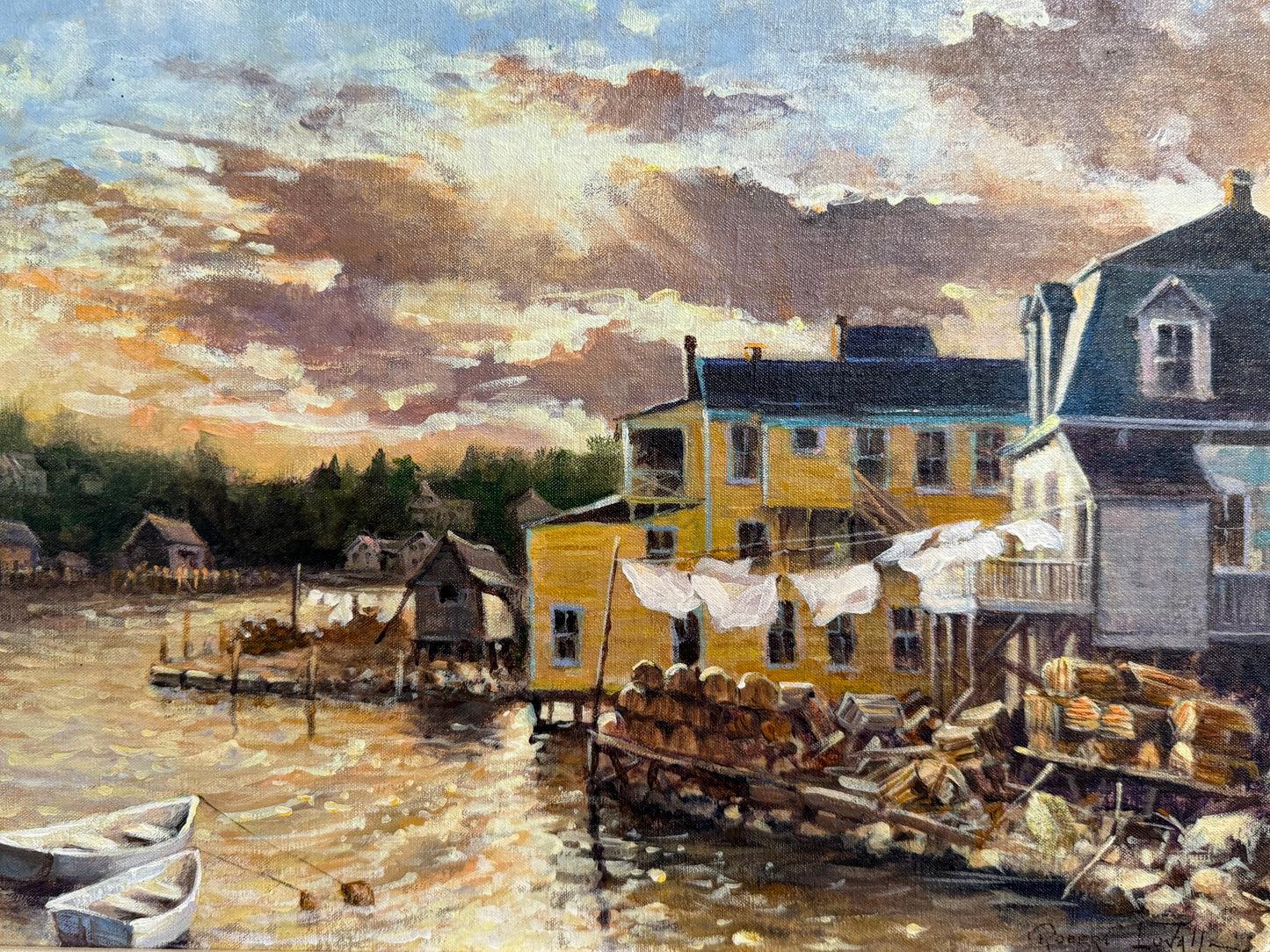 Robert Luvall Sea Breeze Sunlit Harborside Town Oil Painting in Gold Frame