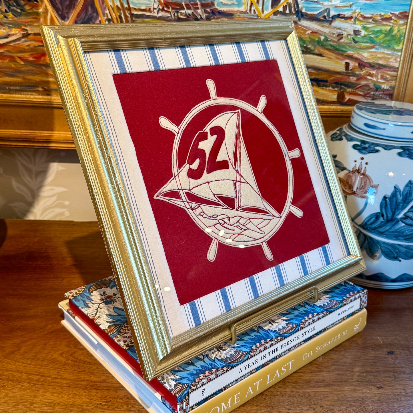 1952 Sailing Team Red Wool Felt Pennant on Blue Stripes in Gold Frame