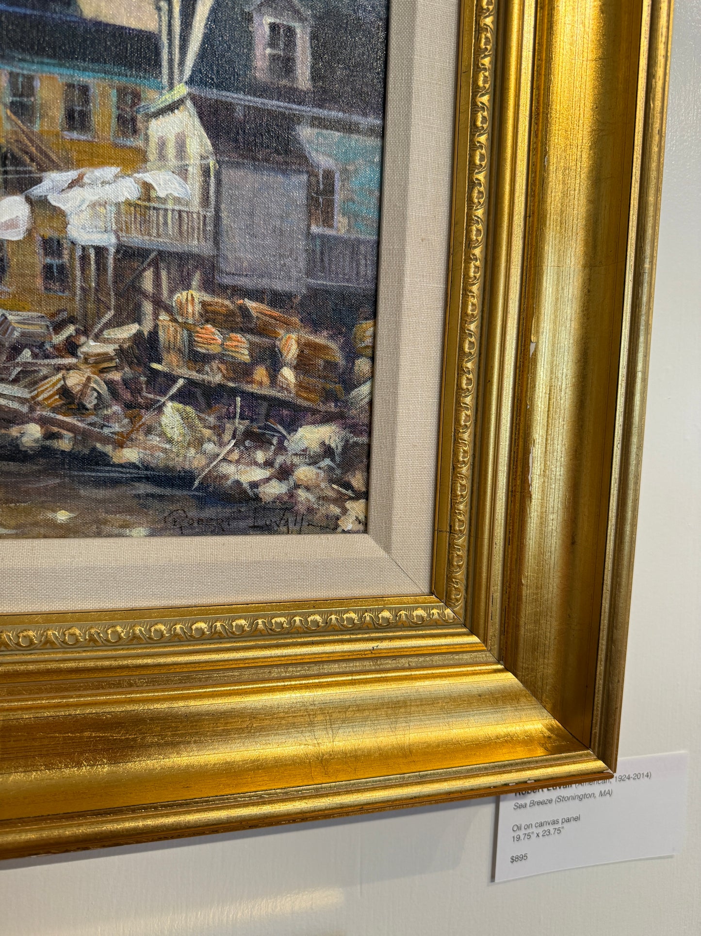 Robert Luvall Sea Breeze Sunlit Harborside Town Oil Painting in Gold Frame