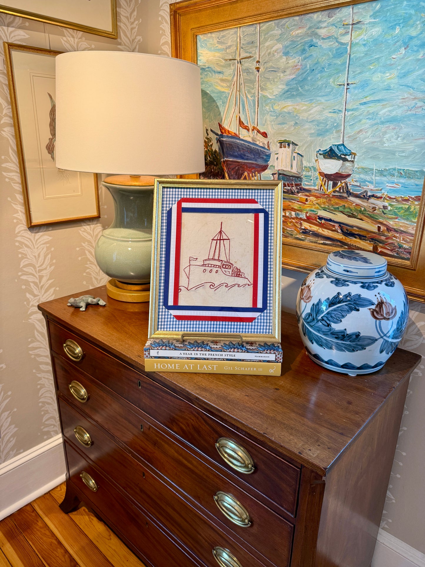 Early 20th Century Redwork Embroidery Ship on Blue Gingham in Gold Frame