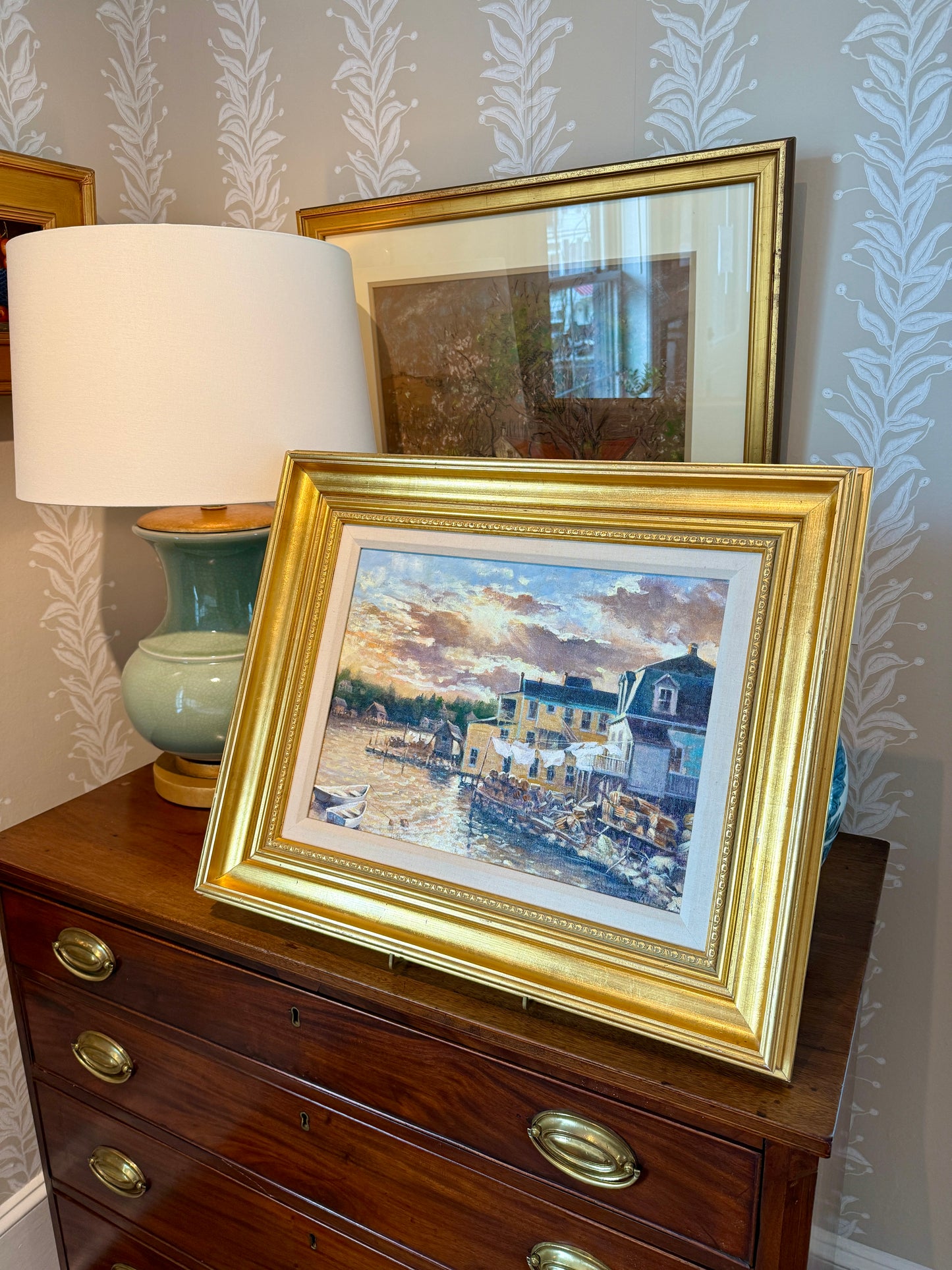 Robert Luvall Sea Breeze Sunlit Harborside Town Oil Painting in Gold Frame