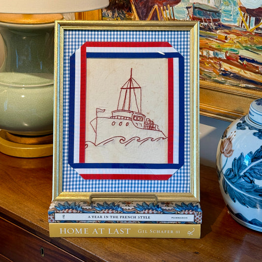 Early 20th Century Redwork Embroidery Ship on Blue Gingham in Gold Frame