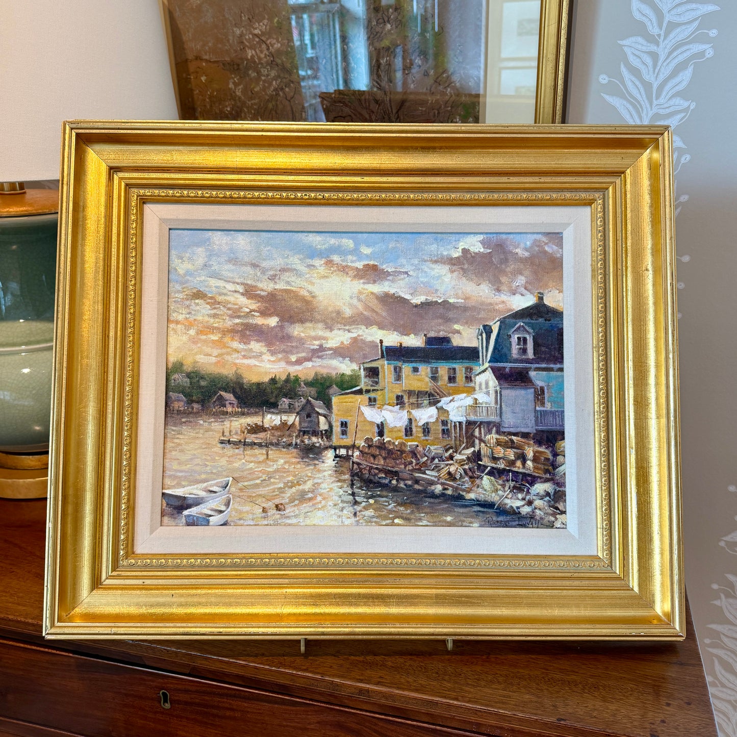Robert Luvall Sea Breeze Sunlit Harborside Town Oil Painting in Gold Frame