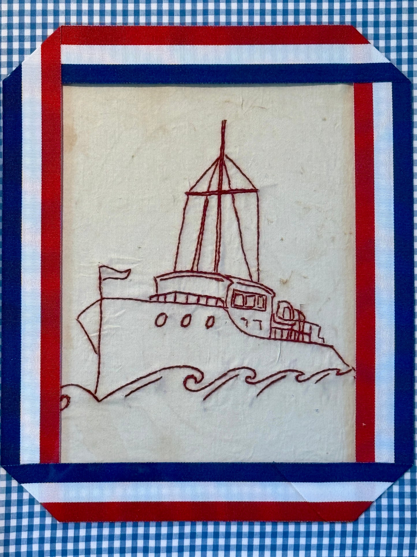 Early 20th Century Redwork Embroidery Ship on Blue Gingham in Gold Frame